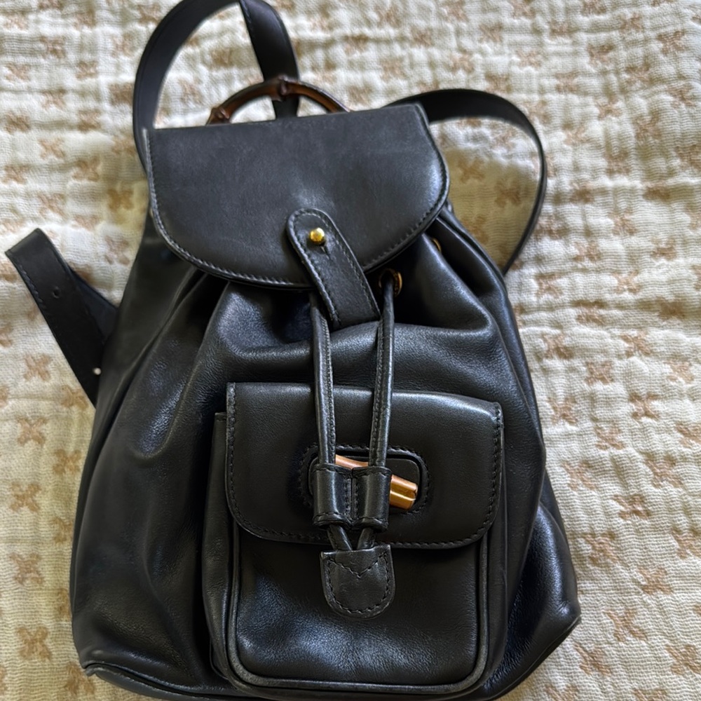 Gucci Black Leather Backpack with Bamboo Vintage Design